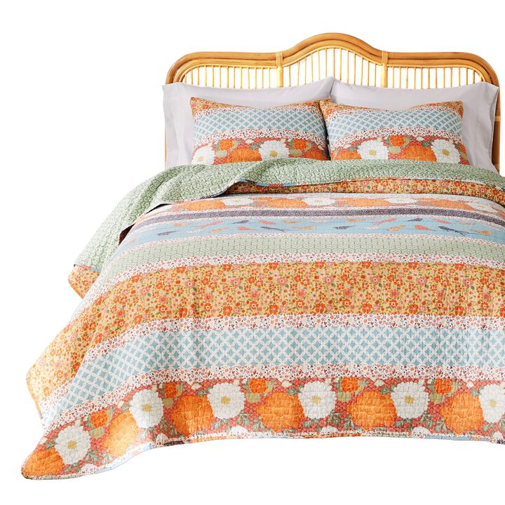 Nite 3pc King Quilt Set, Calico Floral Songbird Pattern, Cotton Microfiber