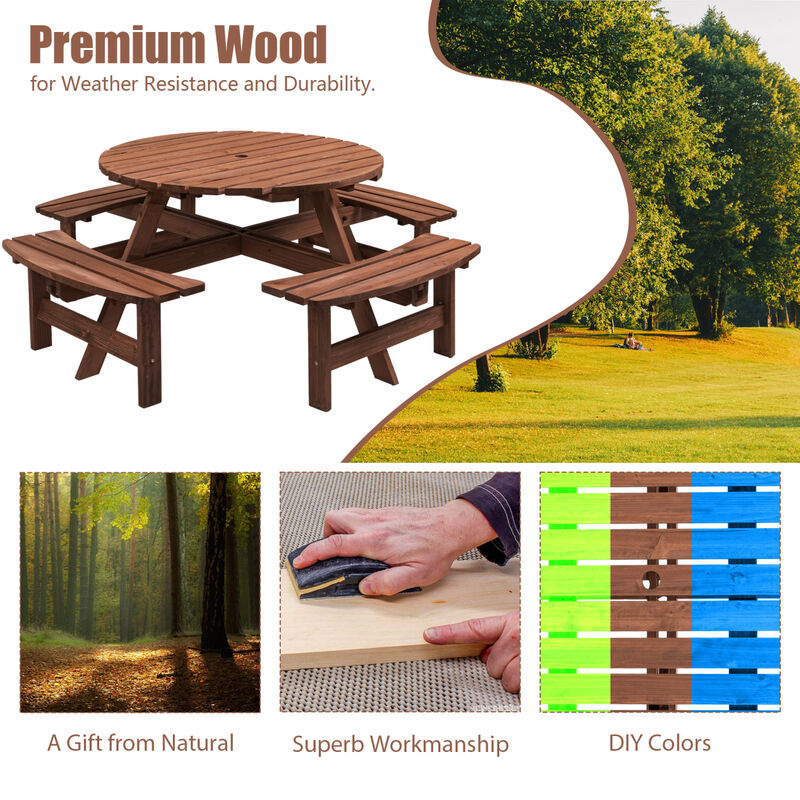 8 Person Wooden Picnic Table with Built-In Benches