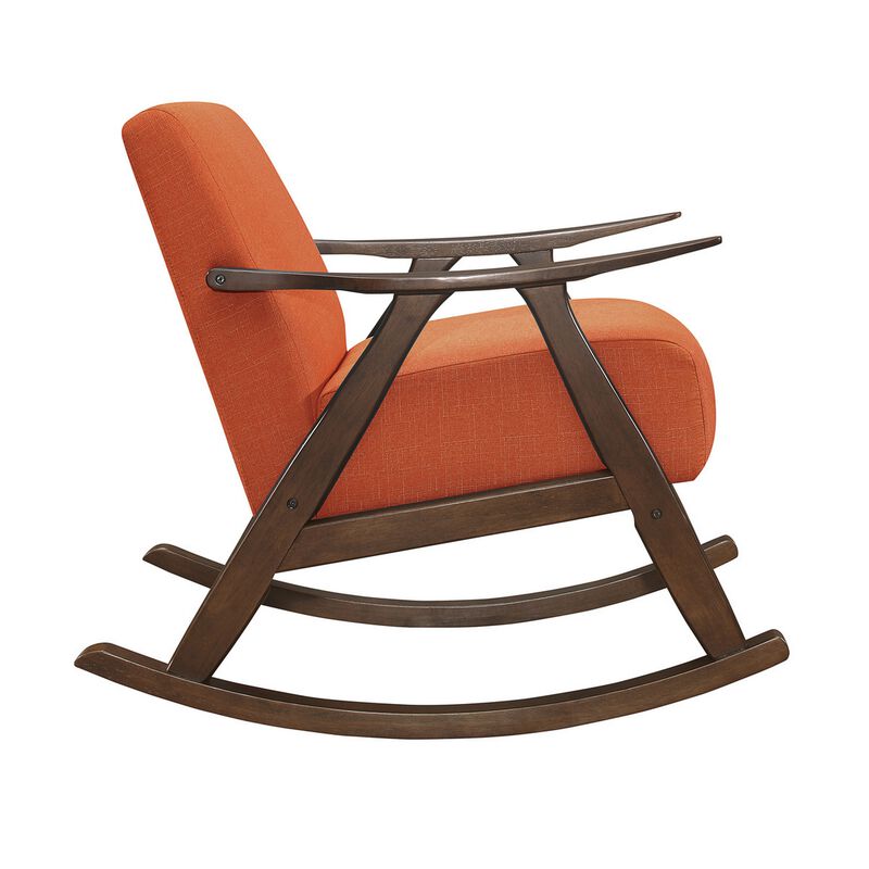 Tim 37 Inch Rocking Armchair, Orange Polyester, Walnut Brown Solid Wood - Benzara
