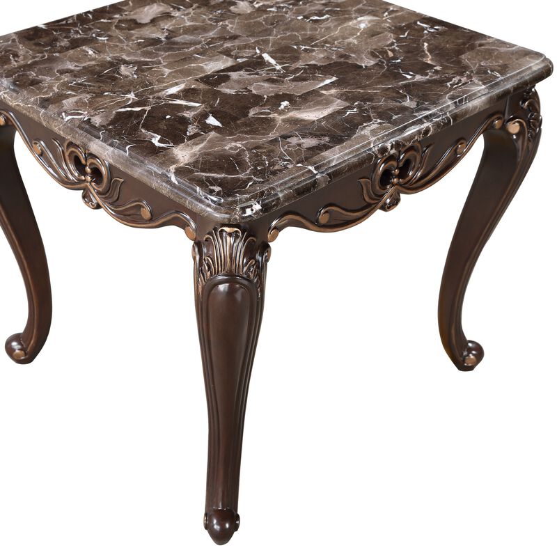 Cona 28 Inch Side End Table, Carved Gold Accents, Cherry Brown, Gray White - Benzara