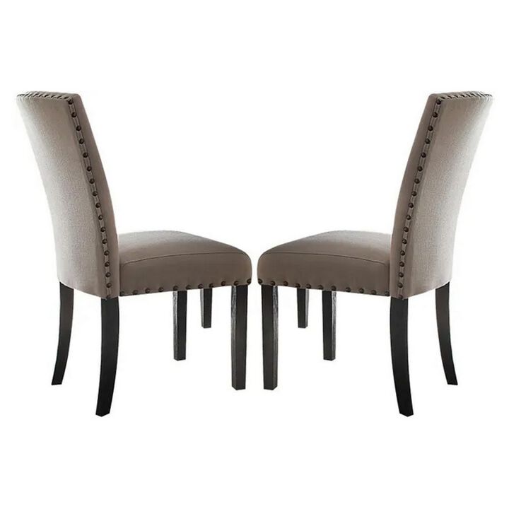 Nailhead Trim Fabric Upholstered Wooden Side Chair, Set of 2, Beige and Brown-Benzara