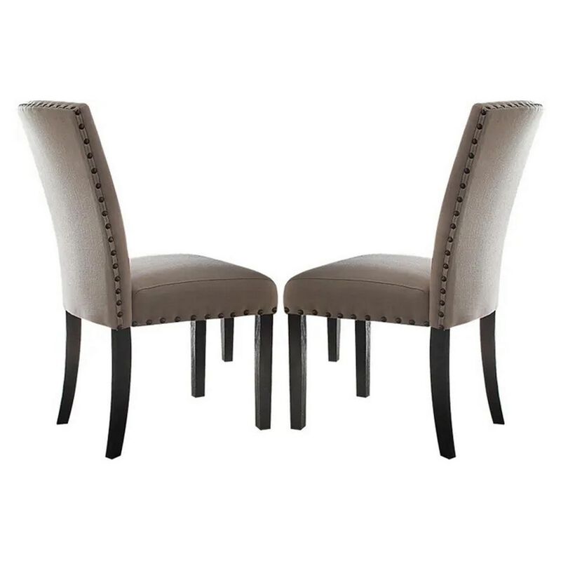 Nailhead Trim Fabric Upholstered Wooden Side Chair, Set of 2, Beige and Brown-Benzara