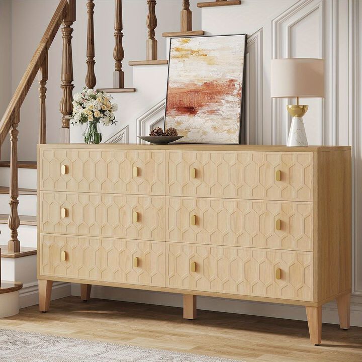 55-Inch Chest Of Drawers, Wood 6-Drawer Double Wide Dresser With Solid Wooden Legs, Large Dresser Chest Cabinet For Closet, Living Room, Entryway