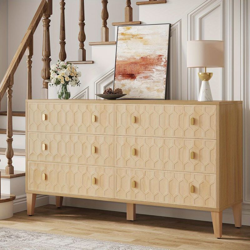 55-Inch Chest Of Drawers, Wood 6-Drawer Double Wide Dresser With Solid Wooden Legs, Large Dresser Chest Cabinet For Closet, Living Room, Entryway