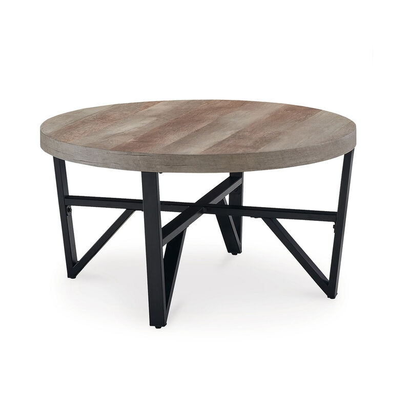 Hya 3pc Coffee and End Table Set, Brown Wood Round Top, Black Angular - Benzara
