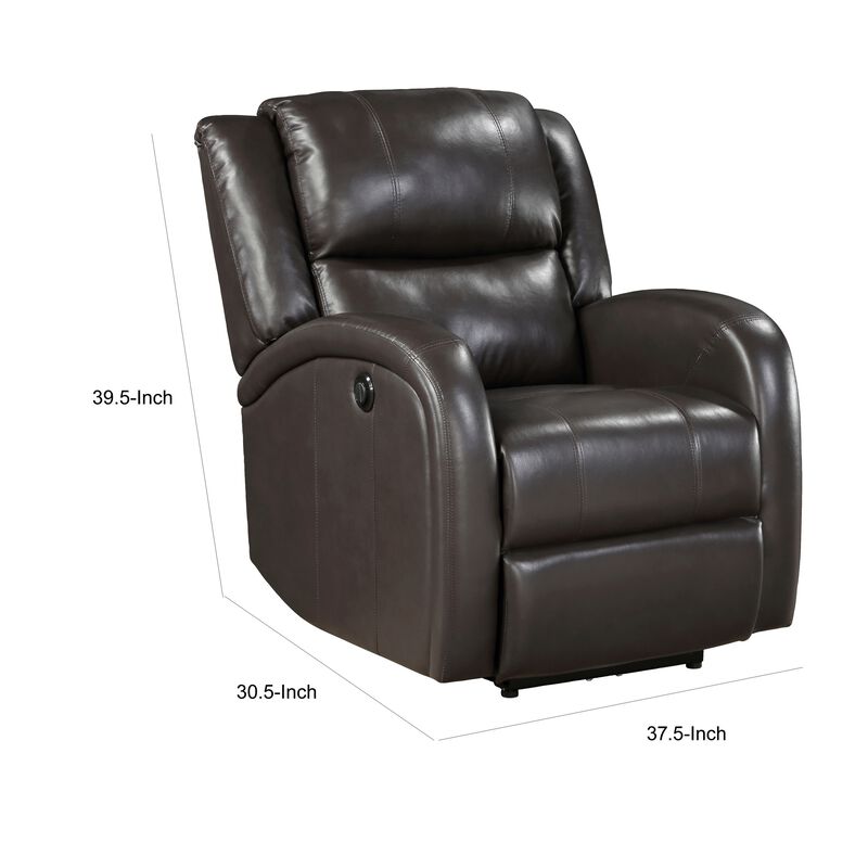 Karena 38 Inch Power Reclining Accent Chair, Brown Faux Leather, Solid Wood - Benzara