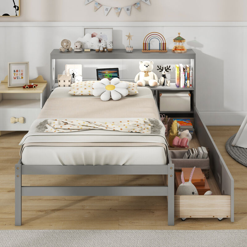 Bed Frame with LED Light and Bookcase Headboard