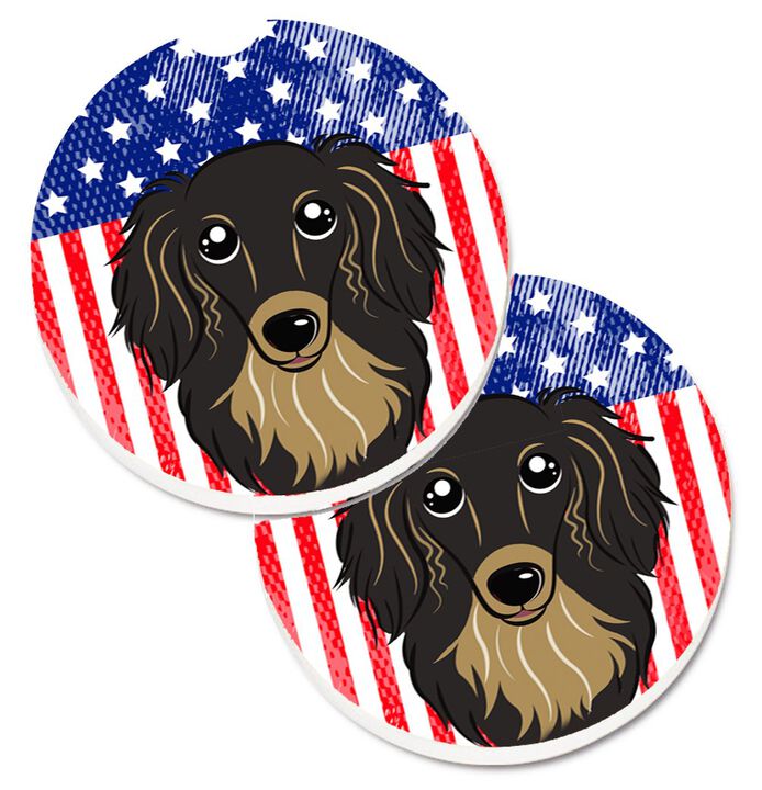 Caroline's Treasures American Flag & Longhair black & Tan Dachshund Set of 2 Cup Holder Car Coasters BB2143CARC, 2.56, Multicolor