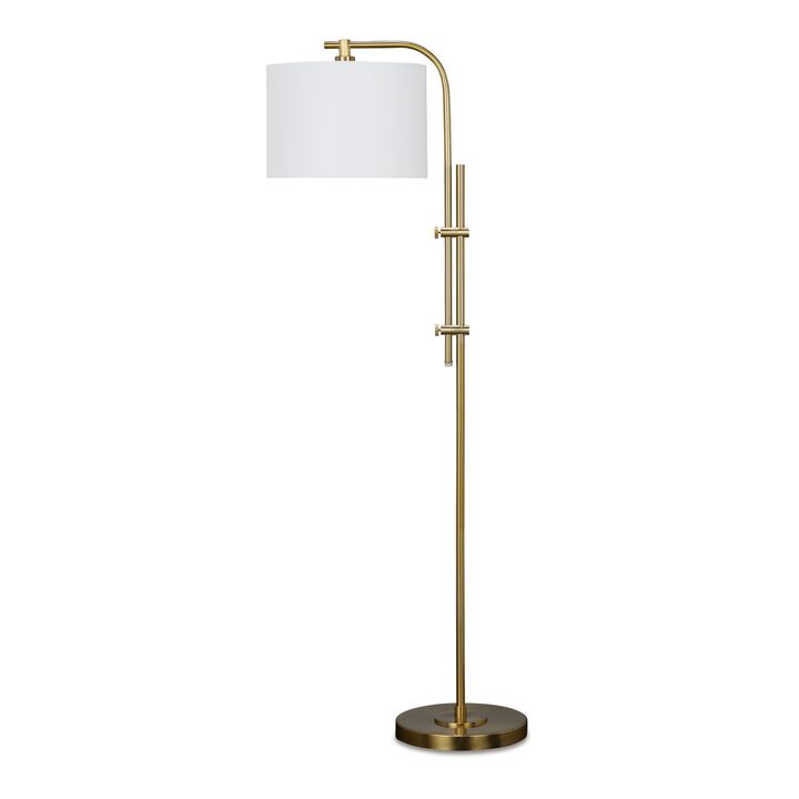 Rhys 60 Inch Floor Lamp, Adjustable Arm, White Drum Shade Round Brass Metal - Benzara