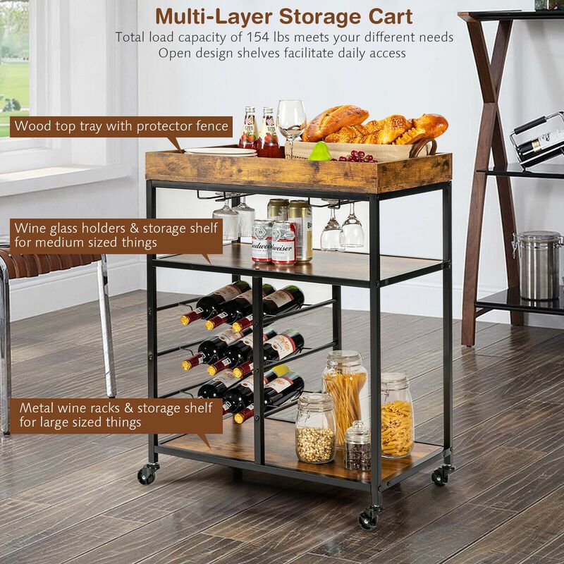 3-Tier Wood Rolling Kitchen Serving Cart with 9-Bottle Wine Rack for Stylish and Functional Storage