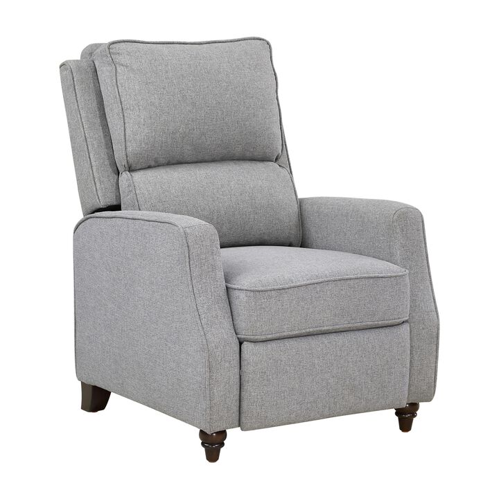 Isac 37 Inch Push Back Recliner Chair, Gray Polyester, Brown Solid Wood  - Benzara