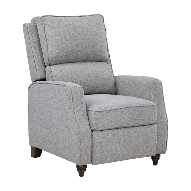 Isac 37 Inch Push Back Recliner Chair, Gray Polyester, Brown Solid Wood  - Benzara
