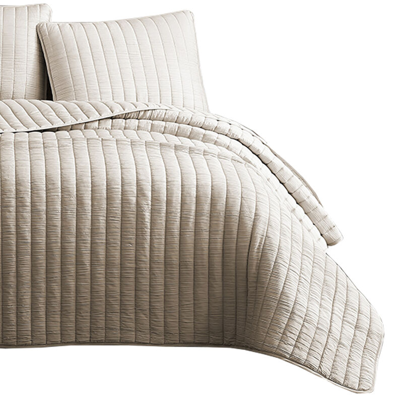 3 Piece Crinkles King Size Coverlet Set with Vertical Stitching, Brown-Benzara
