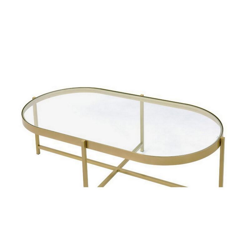 Coffee Table with Oblong Glass Top and Metal Frame, Gold-Benzara