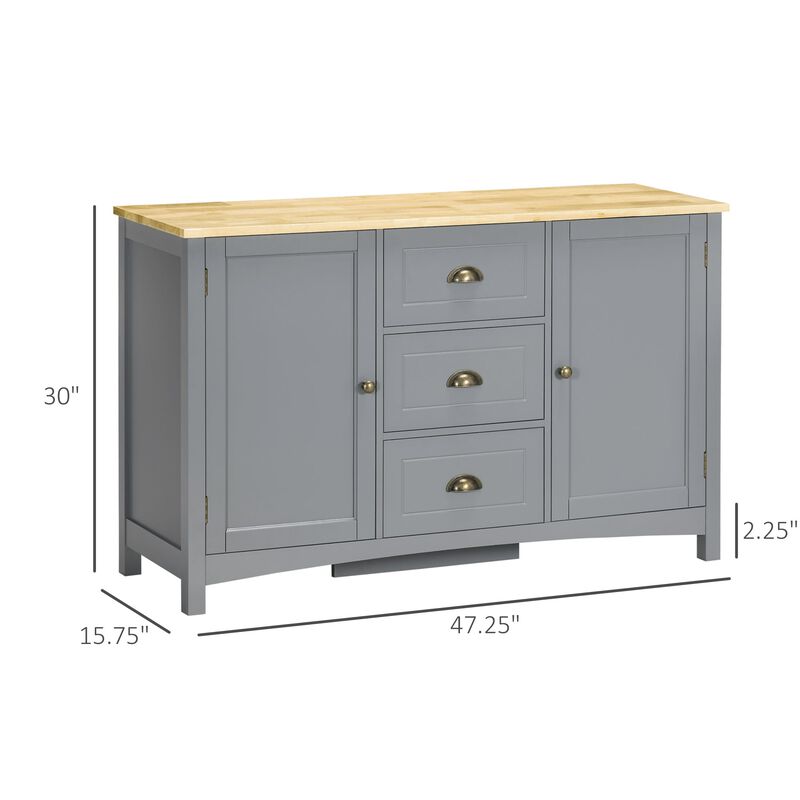 Grey Entryway Buffet: Cabinet with Drawers, Shelves & Rubber Wood Top