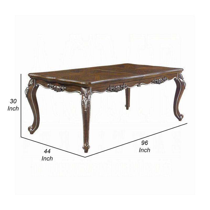 Maver Extending Dining Table, Silver Carved Antique Oak, 80-96 Inch - Benzara