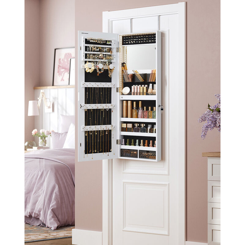 Jewelry Cabinet Armoire with LED Lights - Wall-Mounted with Full-Length Frameless Mirror