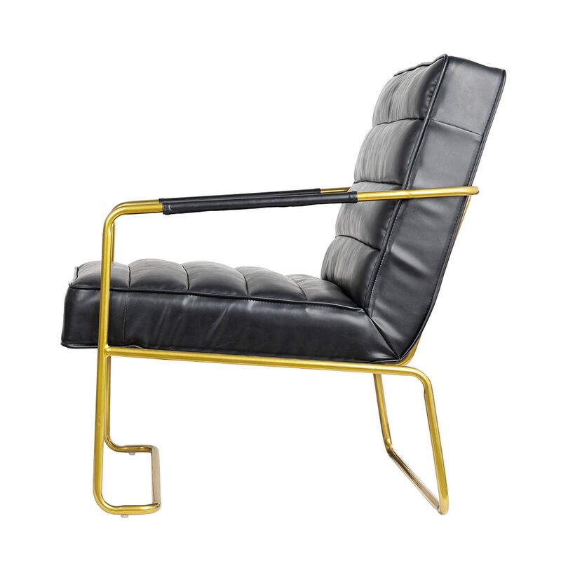 30 Inch Accent Chair, Gold Iron Frame, Channel Tufted Black Faux Leather - Benzara