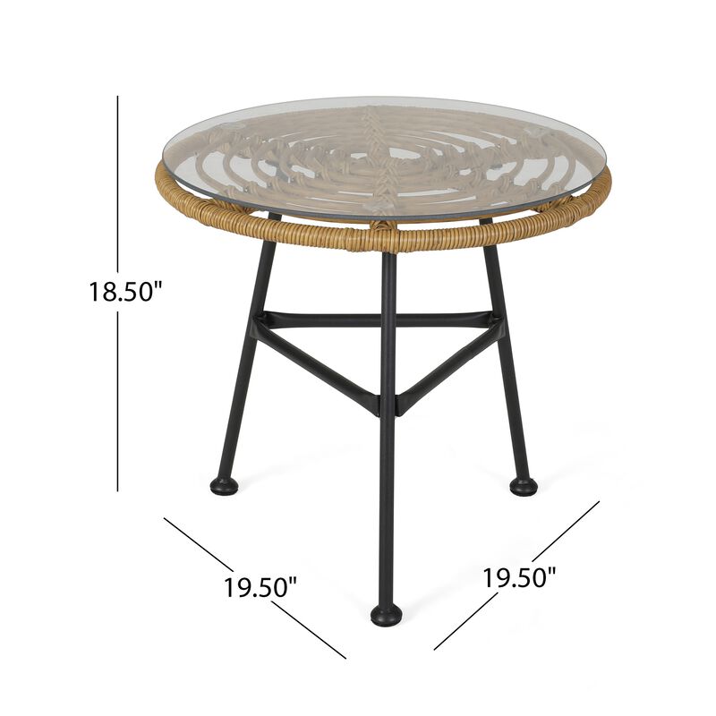 Tee Outdoor Side End Table, 20 Inch Rattan Weave, Glass Top, Steel - Benzara