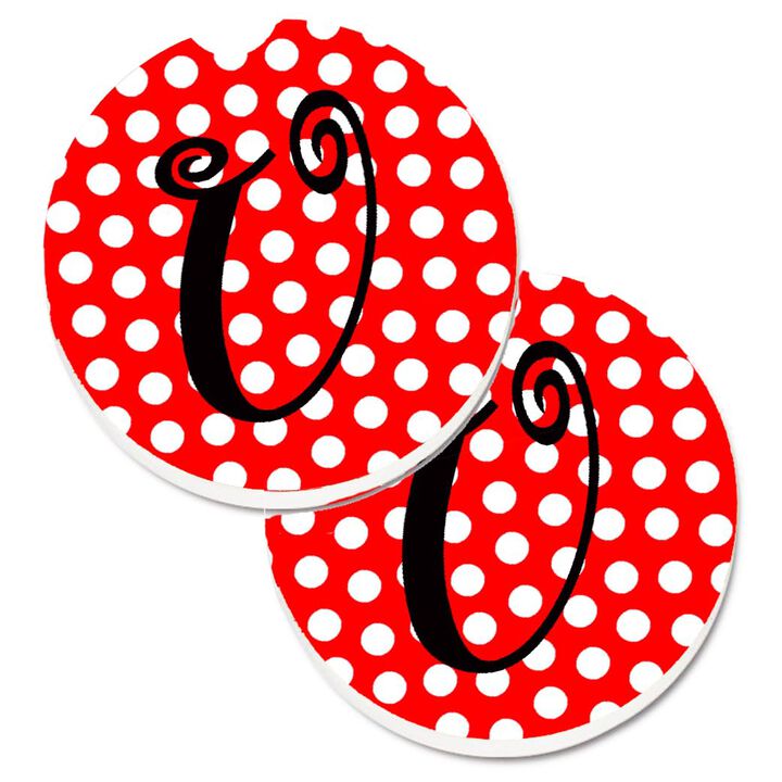 Caroline's Treasures Monogram - Initial U Red black Polka Dots Set of 2 Cup Holder Car Coasters CJ1012-UCARC, 2.56, Multicolor