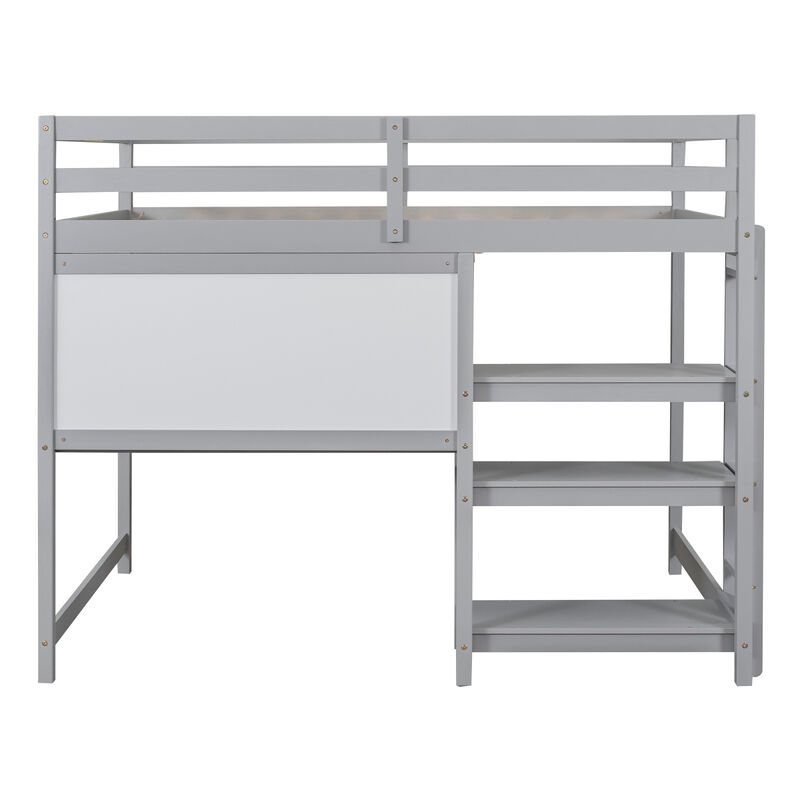 Full Size Wooden Loft Bed With Shelves, Desk And Writing Board