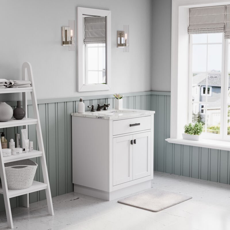 Hartford 30 In. Single Sink Carrara White Marble Countertop Bath Vanity in Pure White