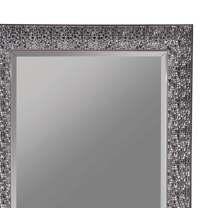 Rectangular Beveled Accent Floor Mirror with Glitter Mosaic Pattern, Gray-Benzara