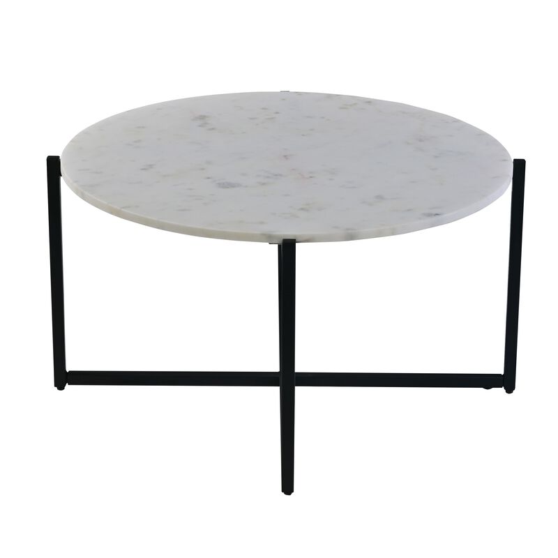 Ivy 30 Inch Marble Top Round Coffee Table with Metal Frame, White and Black-Benzara