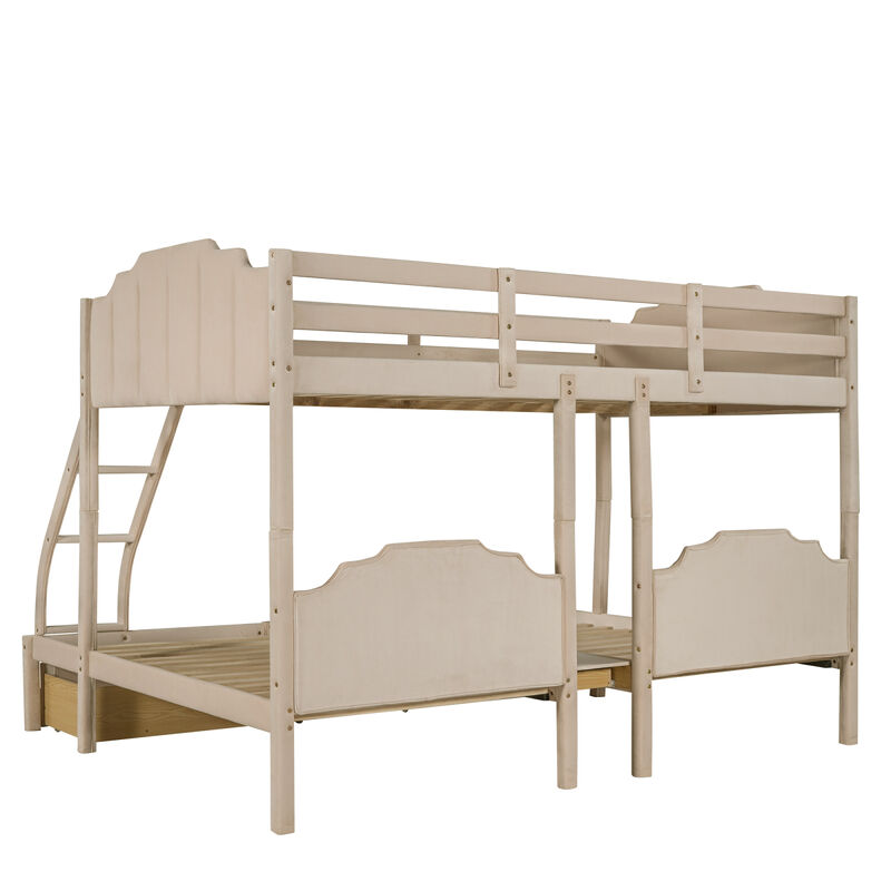 Full Over Twin & Twin Bunk Bed, Velvet Triple Bunk Bed With Drawers And Guardrails