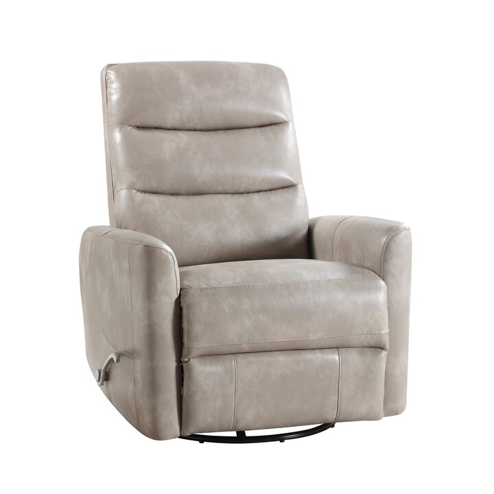 Aki Swivel Manual Recliner Chair, Adjustable Rest, Gray Faux Leather - Benzara