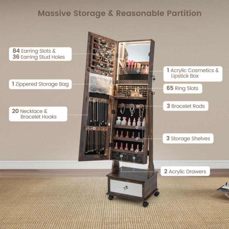 Hivvago 47 Inch Lockable Jewelry Cabinet Armoire with 3-Color LED Lights