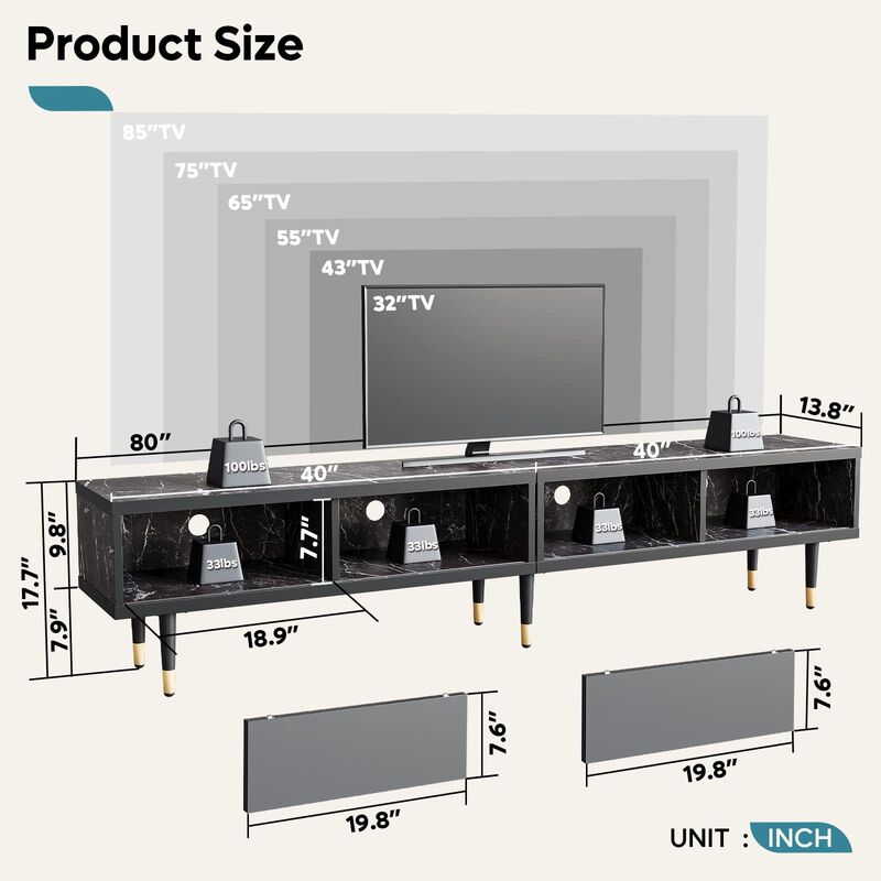 2 in 1 Long TV Cabinet for Living Room for 85 inch tv,Black Marble