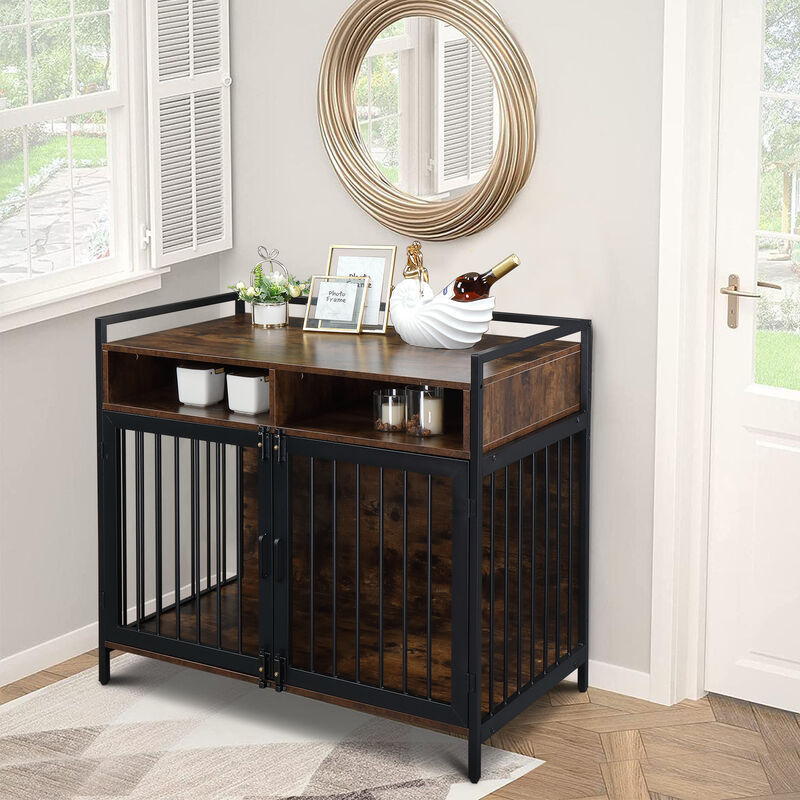 Metal Heavy Duty Dog Crate Furniture with Double Doors, Locks, and Anti-Chew Features