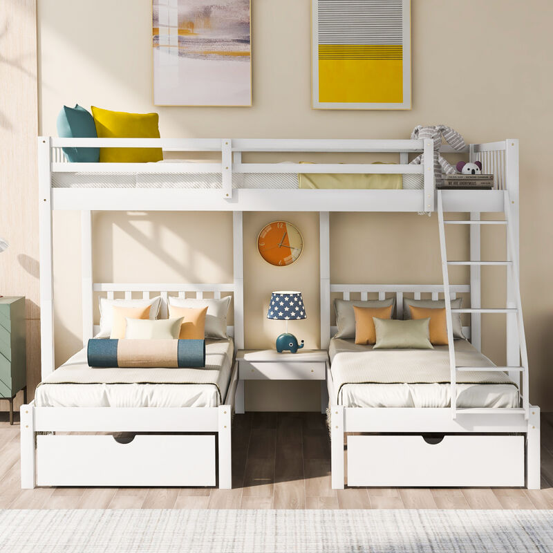 Full Over Twin & Twin Bunk Bed, Wood Triple Bunk Bed With Drawers And Guardrails
