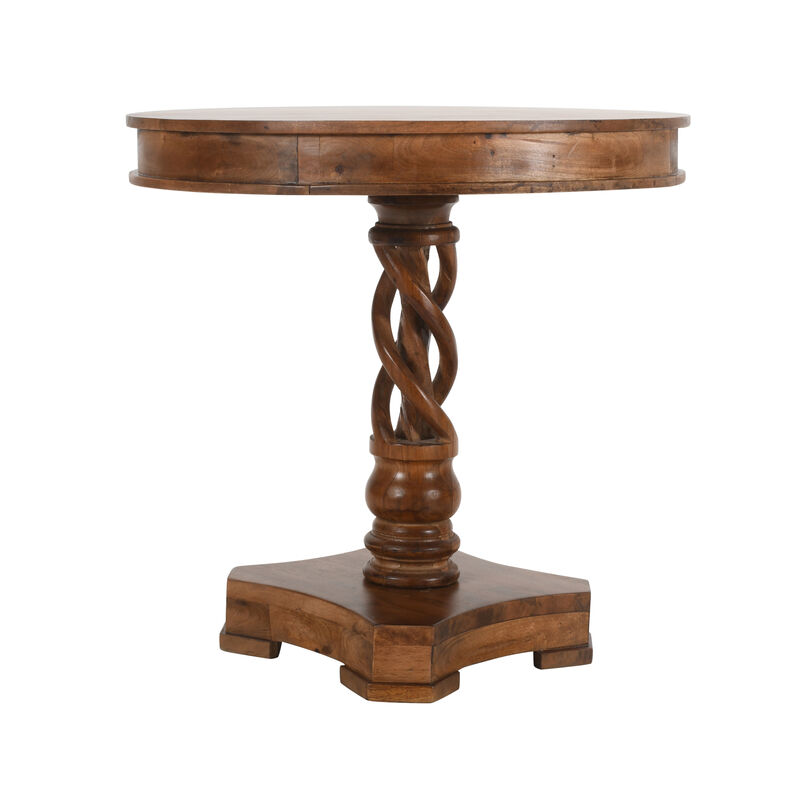 30 Inch Handcrafted Round Mango Wood Dinette, Artisanal Twisted Pedestal Base, Walnut Brown-Benzara