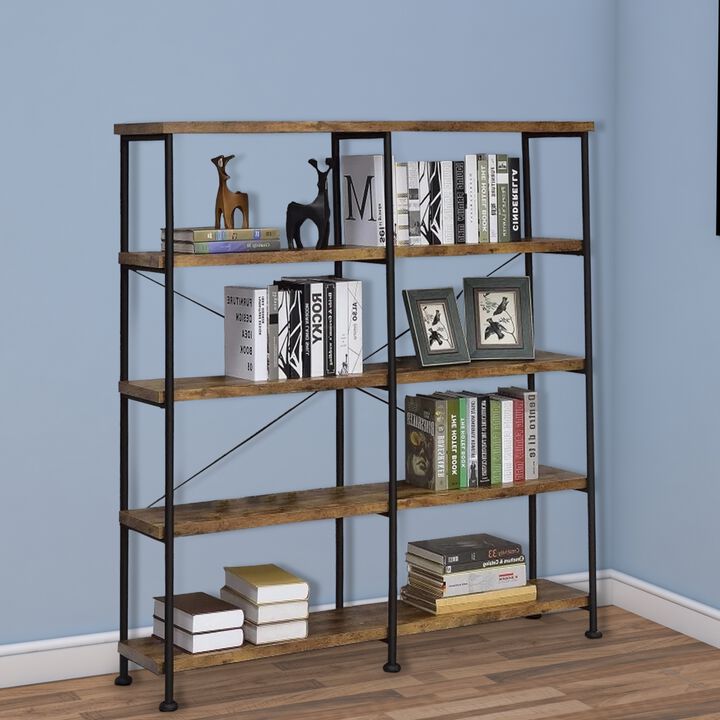 63 Inch Industrial 4 Tier Shelf Bookshelf, Particleboard, Metal Frame, Brown, Black-Benzara