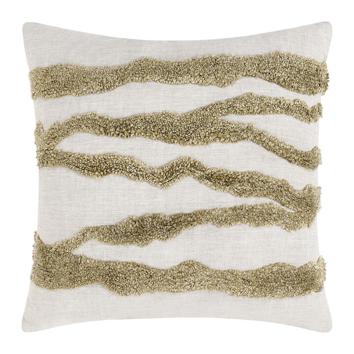 Poll Square Accent Throw Pillow, 22 Inch Green and Ivory Belgian Linen - Benzara