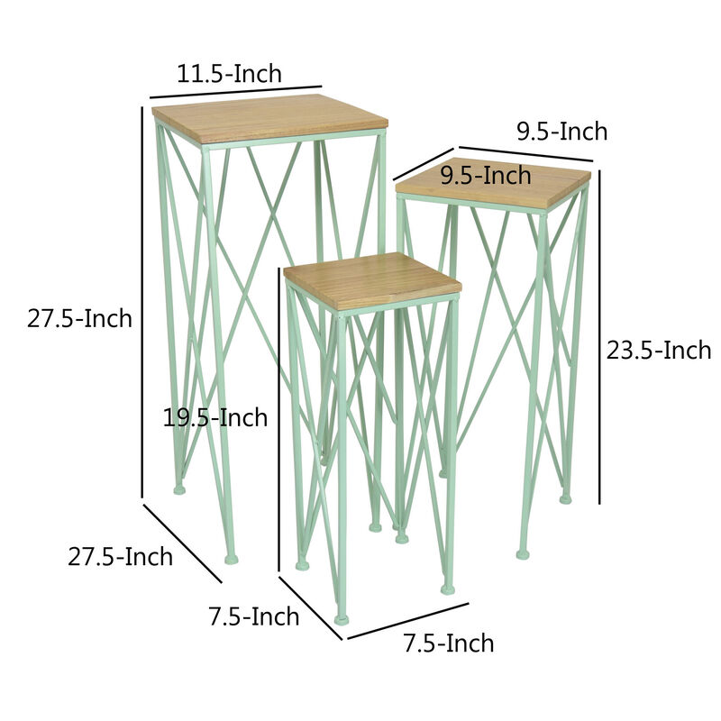Mito 3pc Nesting Plant Stand Table, Brown Wood, X Cross Green Metal - Benzara