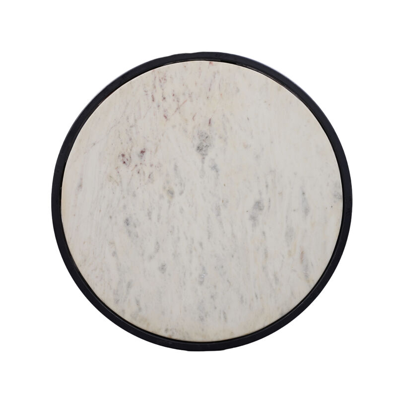 Beri 18 Inch Side End Table, Round White Natural Marble Top, Classic Slim Black Iron Frame - Benzara