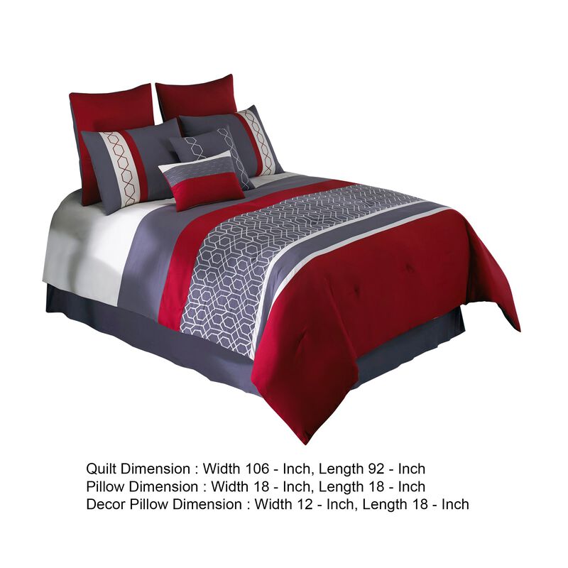8 Piece King Comforter Set with Printed Trellis Pattern, Red-Benzara
