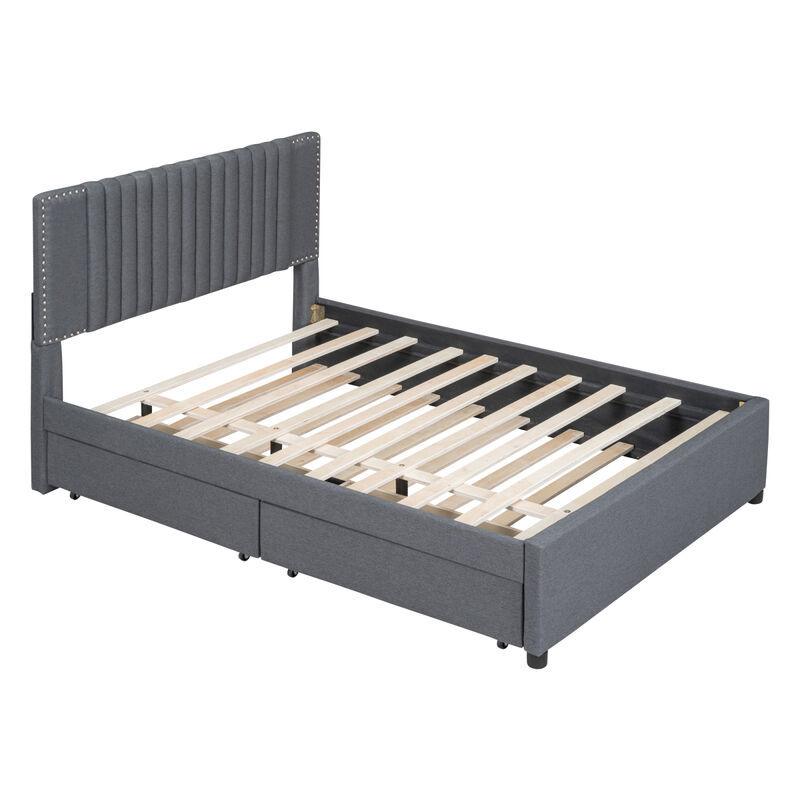 Full Size Upholstered Platform Bed With 2 Drawers And 1 Twin Size Trundle, Classic Headboard Design