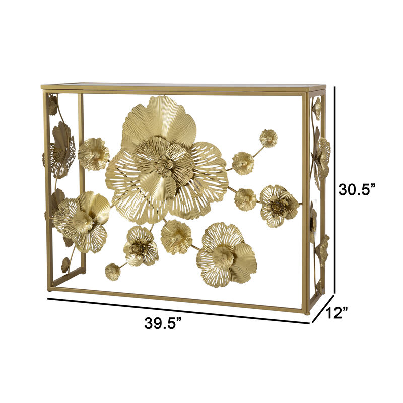 39 Inch Mirrored Top Console Table, Elegant Floral Design, Iron, Matte Gold-Benzara
