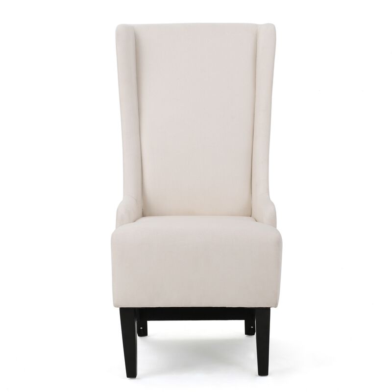 Becca Dining Chair, Beige Fabric, High Wingback, Tapered Black Legs - Benzara