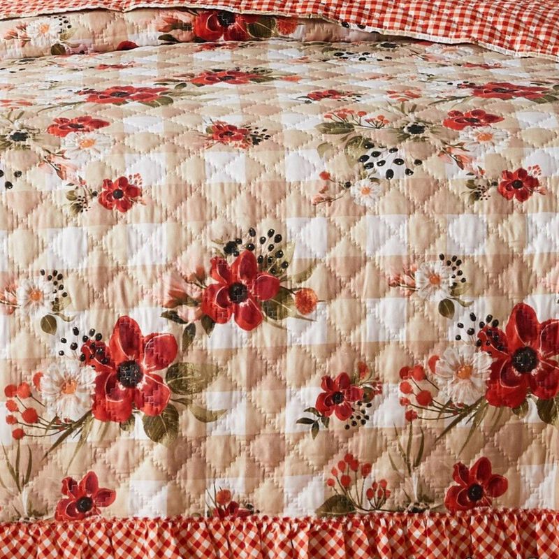2pc Twin Quilt and Pillow Sham Set, Windflowers, Ruffle Edge, Truffle Brown - Benzara