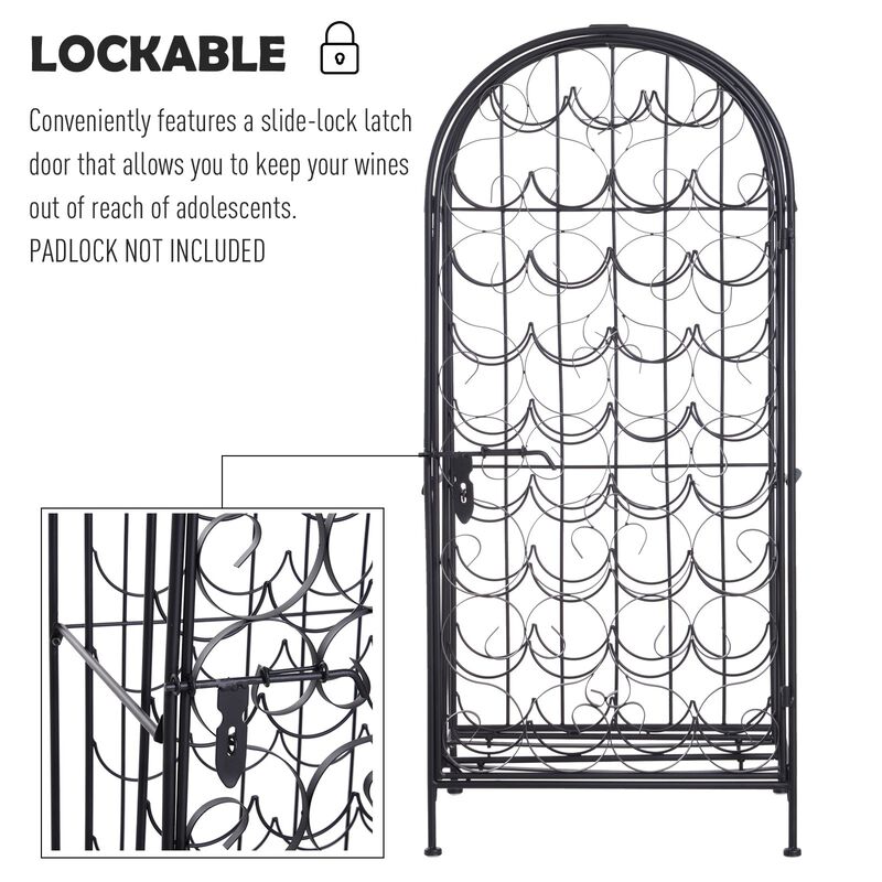 Classic Black Wine Jail: 35-Bottle Wrought Iron Rack with Lock