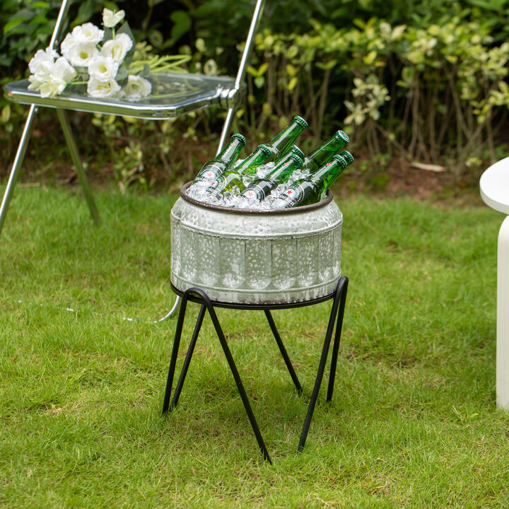 Silver Galvanized Metal Ice Bucket Beverage Cooler Tub with Stand, Medium