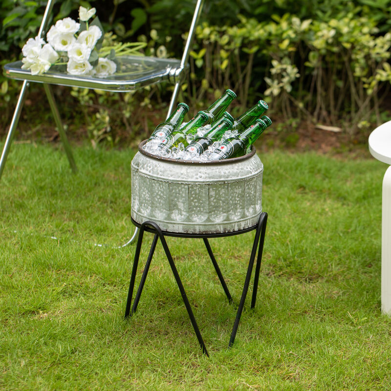 Silver Galvanized Metal Ice Bucket Beverage Cooler Tub with Stand, Medium
