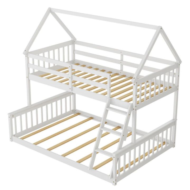 Hivvago Twin Over Full House Bunk Bed with Ladder and Guardrails-White