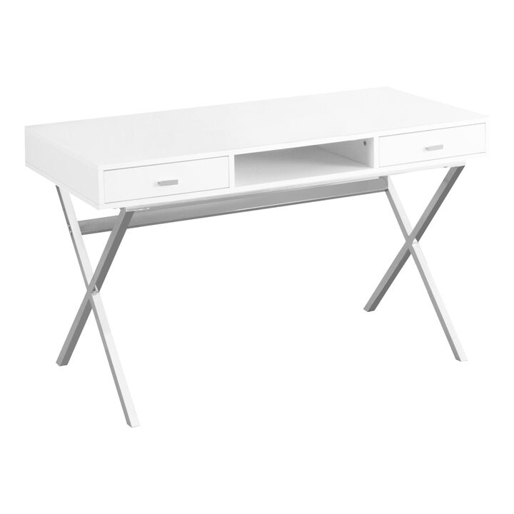 Monarch Specialties I 7211 Computer Desk, Home Office, Laptop, Storage Drawers, 48"L, Work, Metal, Laminate, Glossy White, Chrome, Contemporary, Modern