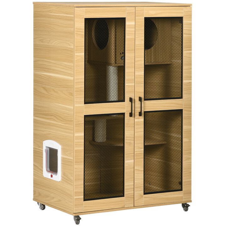 Oak Cat Enclosure: Cat House with Tree & Lockable Wheels